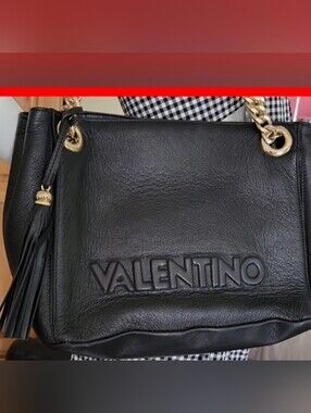 VALENTINO GOLD BLACK BAG GENUINE LEATHER MINI TASSLE SHOULDER HANDBAG